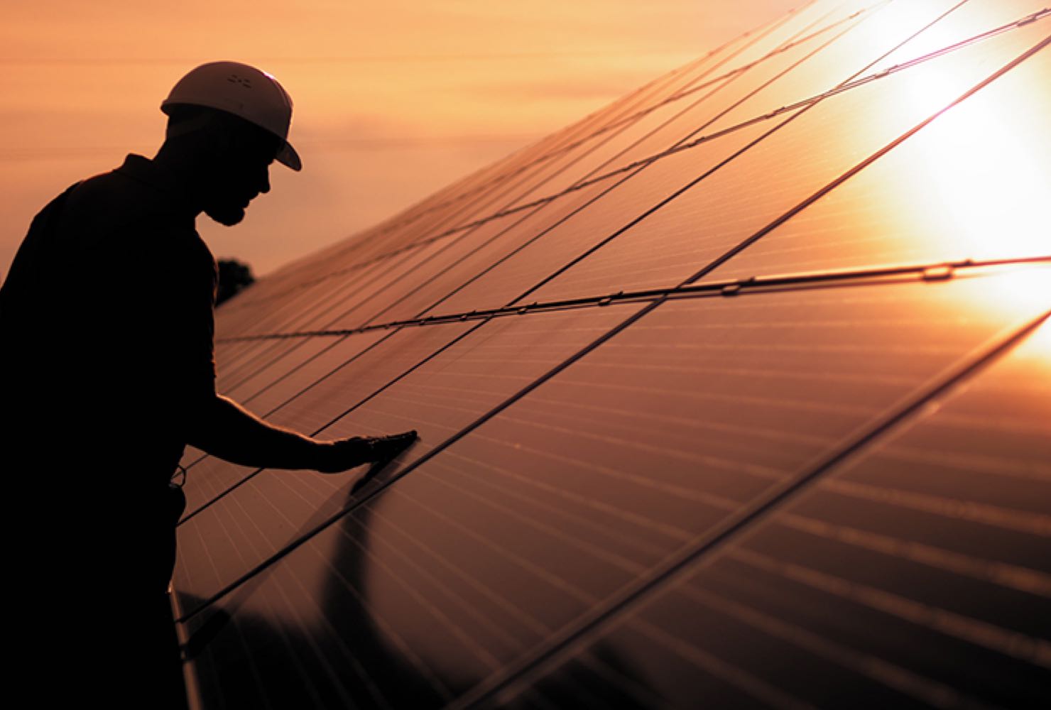 worker inspecting solar panels