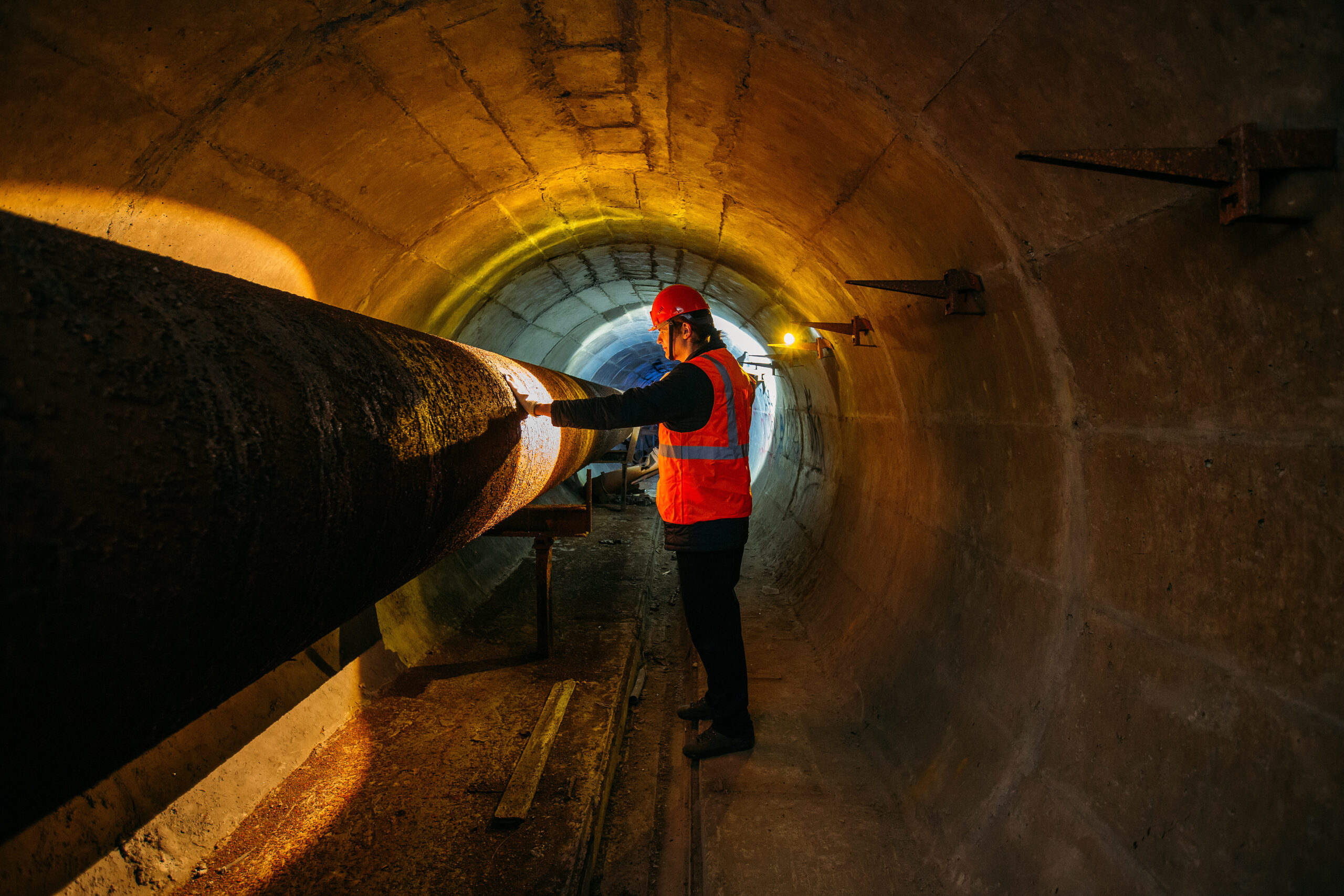 Tunnel worker examines pipeline in underground tunnel.