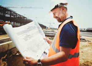 A project manager reviewing blueprints at a construction site